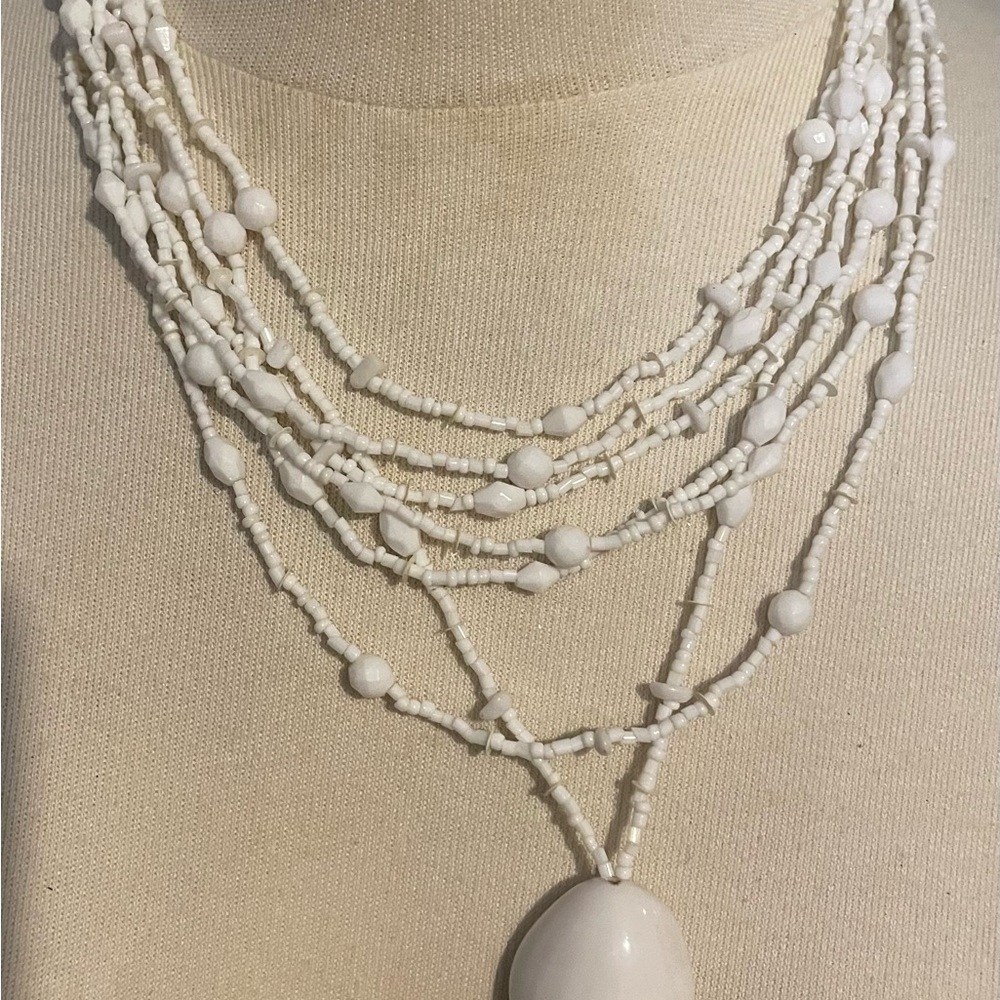 Layered White Beaded Necklace with Oval Pendant - Women's Jewelry